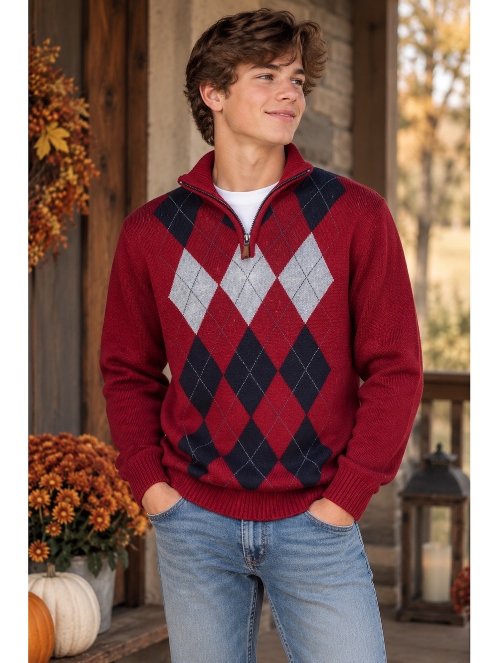 Retrofit Boys XL 18/20 Red Argyle Quarter Zip Sweater Preppy Fall Holiday